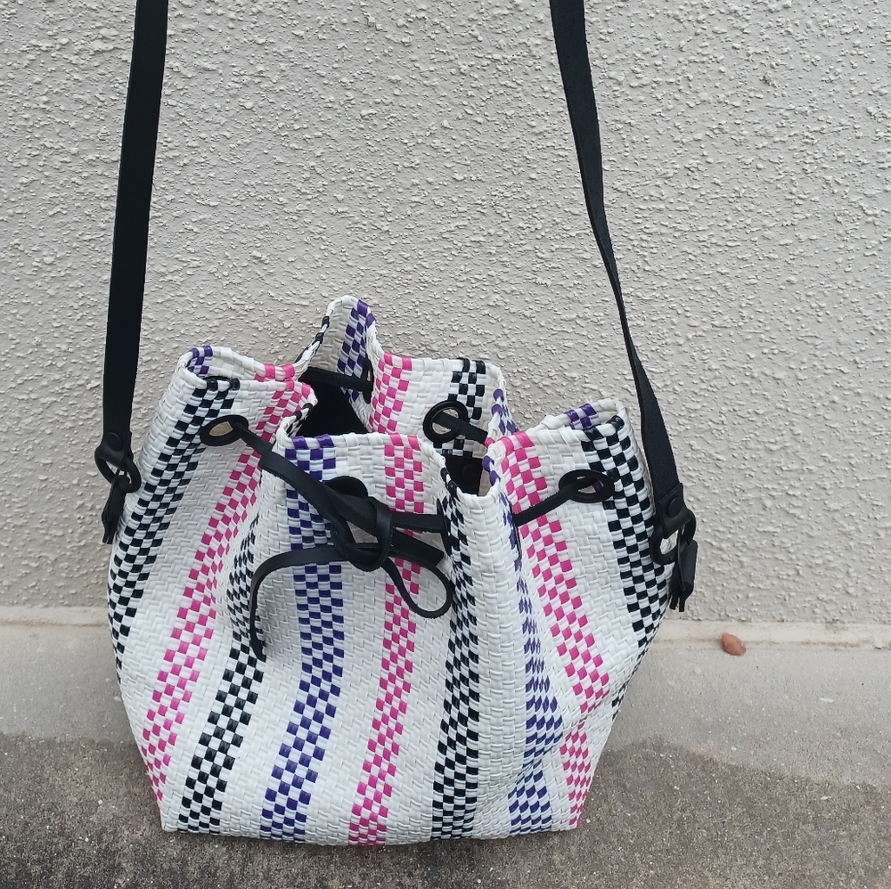 TRUSS Large Woven Leather Trim Bucket Bag